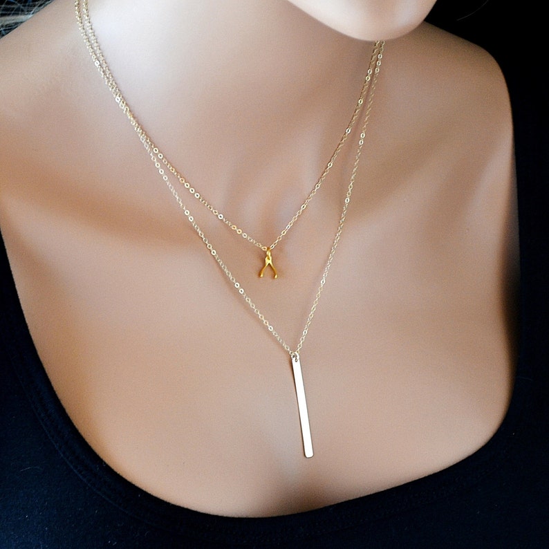 Layered Necklace, Gold Bar Necklace, Wishbone Necklace, Initial Bar Necklace, Personalized, Double Strand Necklace, Sterling Silver image 3