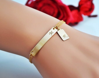 Two Initial Bracelet, Gold Bar Bracelet, Personalized Bracelet, Gold Dog Tag Charm Bracelet, Custom Initial, 2 Initial