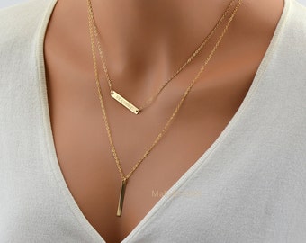 Gold Layering Necklace/ Layered Necklace/ Skinny Bar/ Necklace Stacked/ Double Strand Personalized Necklace/ Layering Necklace Set Of Two