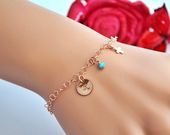 Rose Gold Initial Bracelet, Cross Charm Bracelet, Birthstone Initial Bracelet Gold, Personalized Monogram Bracelet