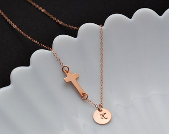 Personalized Sideways Cross Necklace, Rose Gold Initial disc Necklace, Initial Disc and Cross Necklace