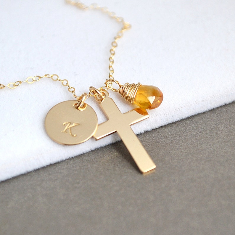 Initial Cross Necklace, Jesus Necklace, Crucifix Necklace, Initial and Birthstone, Faith Necklace, Silver Cross necklace image 2