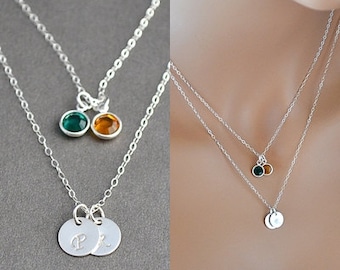 Two Initial Necklace, Silver Layered Necklace, Silver Initial Disc Necklace with Birthstone, Personalized Necklace
