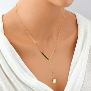 Simple Y Necklace, Gold Lariat Necklace, Hammered Disc Necklace, Delicate Gold Necklace, Bar Lariat Necklace, Y Necklace