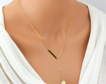 Simple Y Necklace, Gold Lariat Necklace, Hammered Disc Necklace, Delicate Gold Necklace, Bar Lariat Necklace, Y Necklace