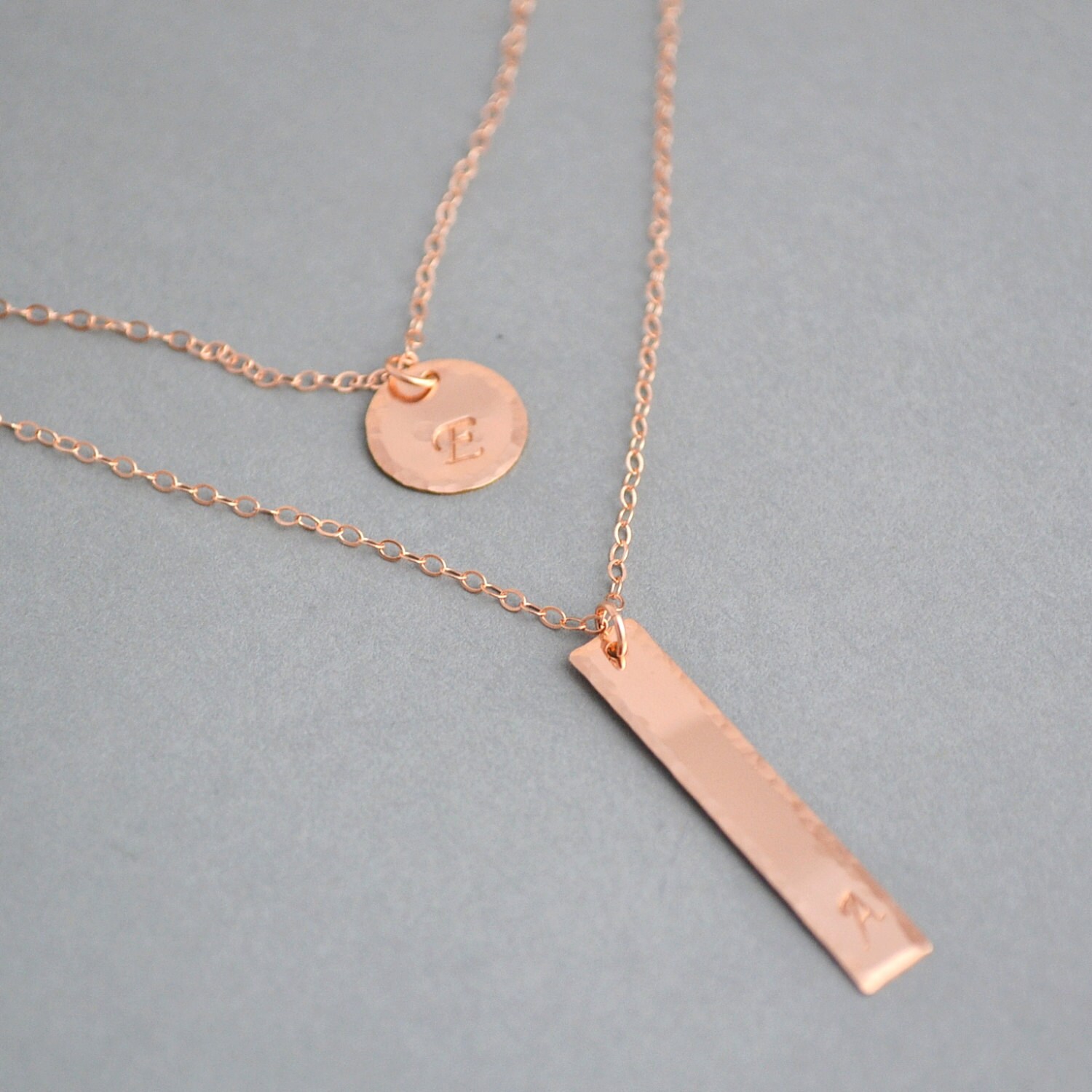 Rose Gold Layered Necklace Vertical Bar Hammered Necklace Etsy