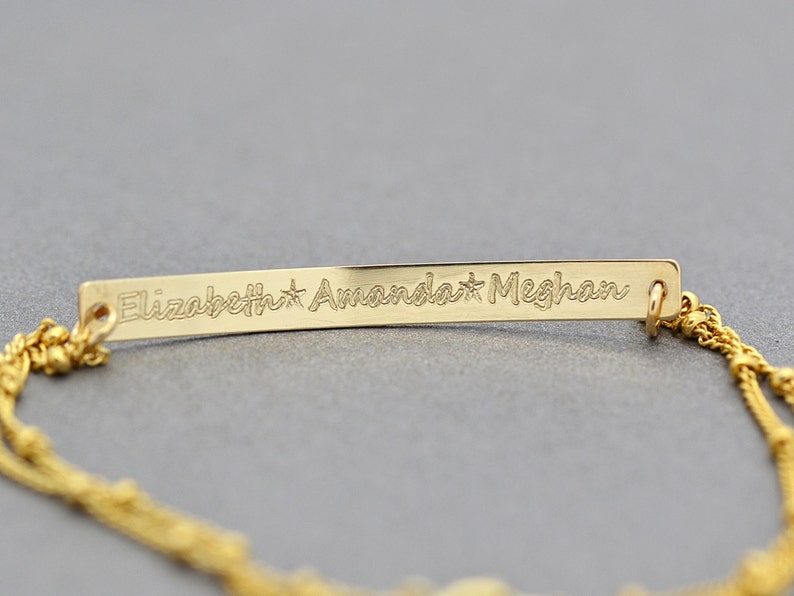 Twee naam armband, gegraveerde armband, Gold Bar armband, zilveren of gouden gepersonaliseerde armband, aangepaste gravure armband afbeelding 3
