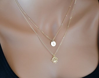 Lotus Necklace Gold, Layered Necklace, Initial Necklace Gold, Double Strand Necklace, Personalized Necklace, Gold Lotus Flover Necklace