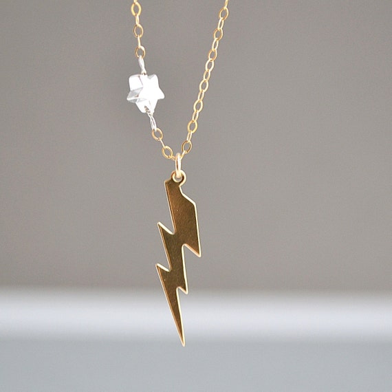 Lightning Bolt Necklace Lightning Bolt and Tiny Star Gold or