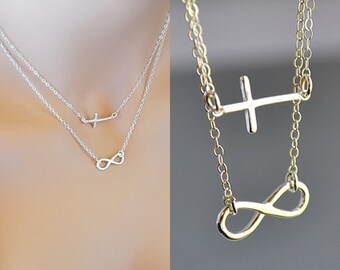 Infinity Cross Necklace, Double Strand Necklace, Sterling Silver Sideways Cross Necklace, Faith Forever Necklace