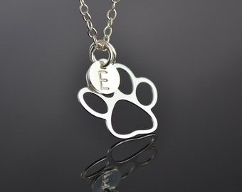 Paw Necklace, Sterling Silver Dog Paw Charm with Initial Disc,  monogram Gift for Pet Lover, Paw Print Necklace, Animal Jewelry