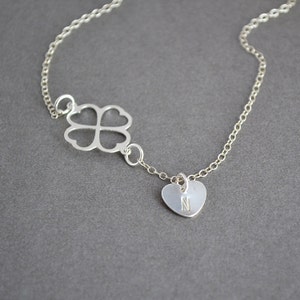 Clover Necklace, Four Leaf Clover Necklace with Initial Heart Charm, Sterling Silver Personalized Necklace Necklace image 3