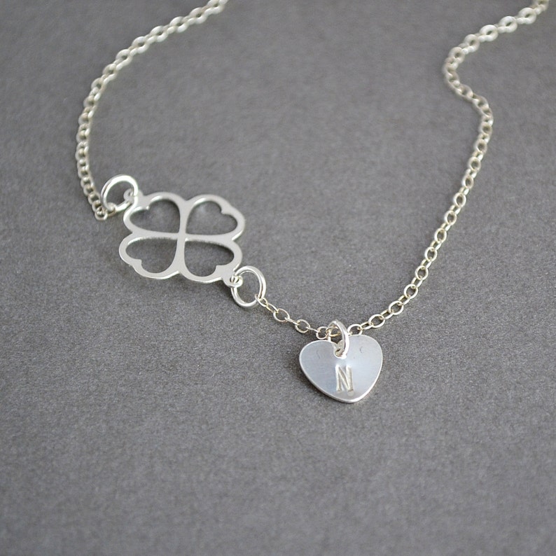 Clover Necklace, Four Leaf Clover Necklace with Initial Heart Charm, Sterling Silver Personalized Necklace Necklace image 3