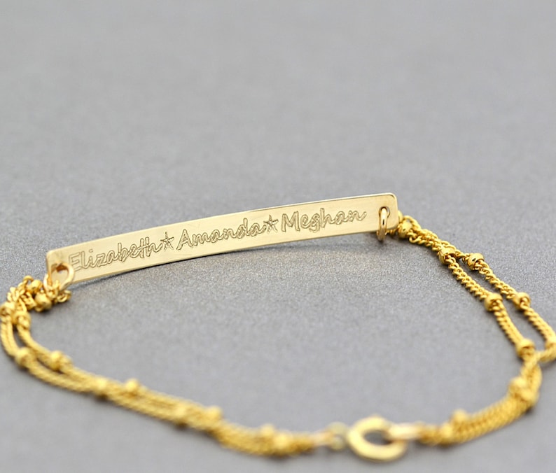 Two Name Bracelet, Engraved Bracelet, Gold Bar Bracelet, Silver or Gold Personalized Bracelet, Custom Engraving Bracelet image 4