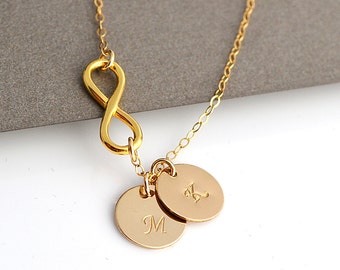 Collana iniziale Infinity, collana in oro personalizzata, lettera monogramma, disco stampato personalizzato, due dischi