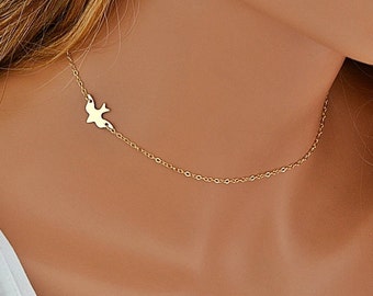 Gold Bird Necklace, Dove Necklace, Choker Necklace, Gold Dove Necklace, Layering Necklace, Delicate Necklace, Gold, Rose Gold, Silver