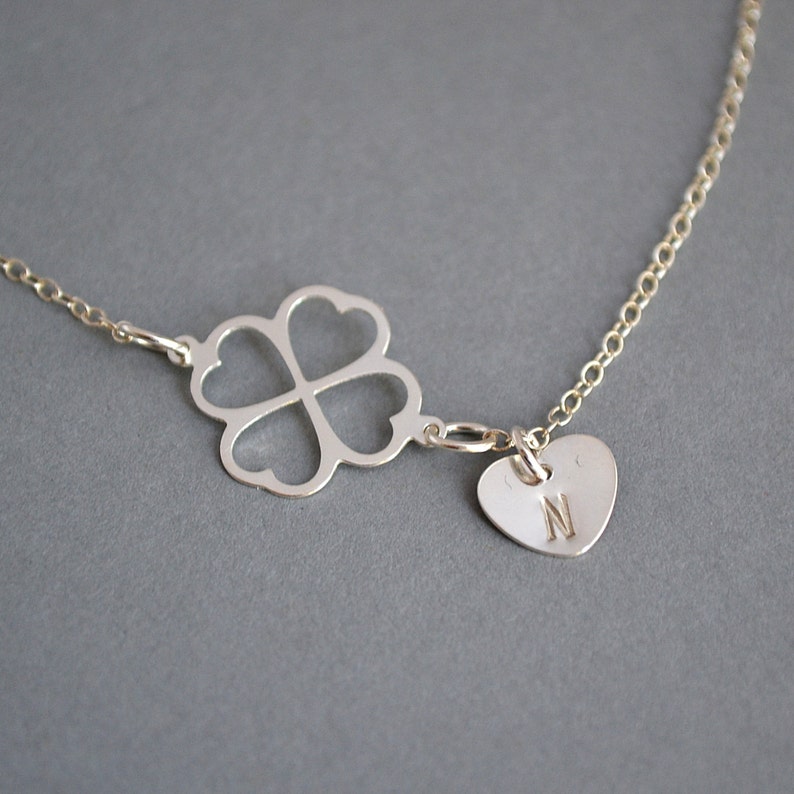 Clover Necklace, Four Leaf Clover Necklace with Initial Heart Charm, Sterling Silver Personalized Necklace Necklace image 2
