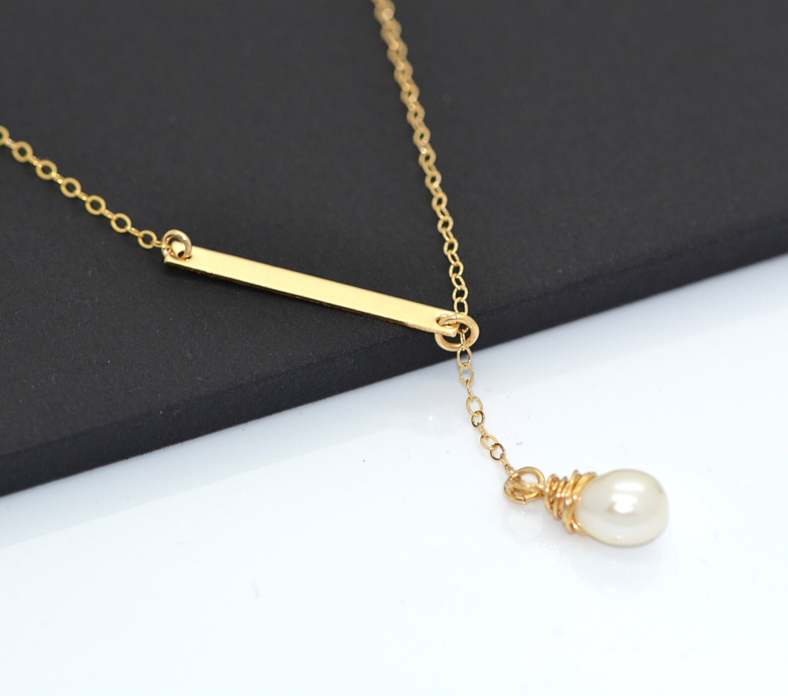 Single Pearl Necklace Gold Y Necklace Gold Bar Lariat Etsy