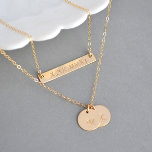 Layering Necklace, Nameplate Bar and Two Disc Necklace, Sterling Silver, 14k Gold or Rose Gold, Custom Engraved Necklace