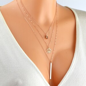 Rose Gold Layered Necklace Set of 3 Rose Gold Necklaces Long Bar Necklace Layering Rose Gold Lotus Necklace Bar Drop Necklace