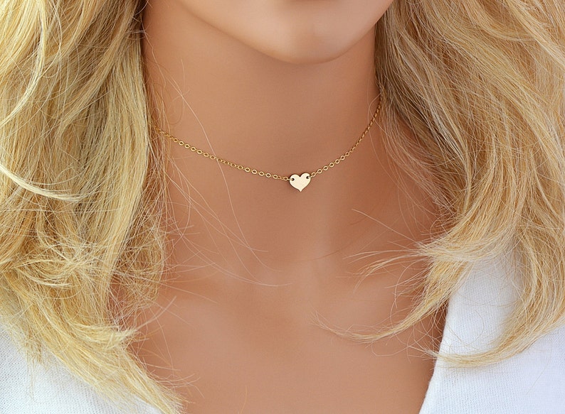 Tiny Heart Necklace, Chain Choker Necklace, Personalized Gold Heart Necklace, Initial Heart, Initial Choker Necklace image 1