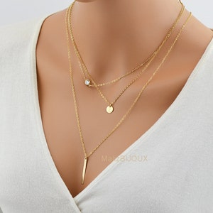 Gold Layered Necklace, Minimal Necklace Gold, Gold Diamond Necklace, CZ Necklace, Delicate Personalized Disc, Layered Necklace Set