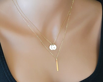 Gold Layering Necklace, Initial Necklace, Vertical Bar, Gold Layered Necklace, Two initial Disc