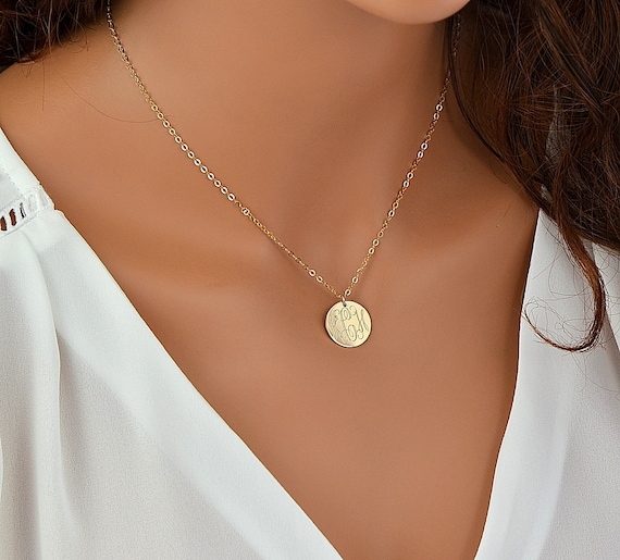 Gold Disc Necklace, Monogram Necklace Gold, Engraved Disc, Gift