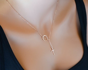 Infinity Cross Necklace, Sterling Silver Sideways Infinity Cross Necklace, Infinity Lariat Necklace, Rose Gold Cross Necklace