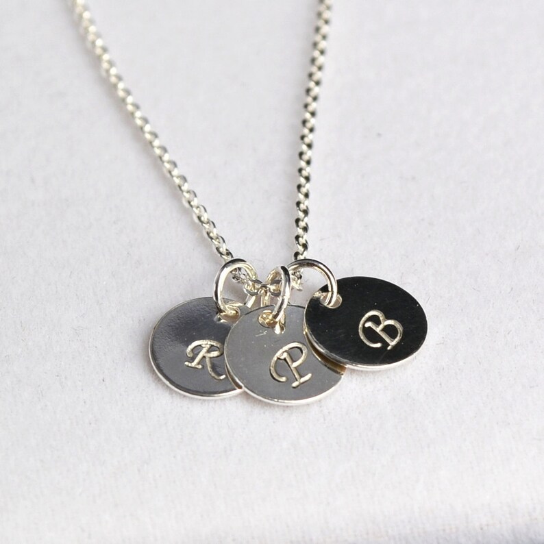 Three Initial Necklace, Sterling Silver Disc Necklace, 3 Letter Necklace, Three Disc Necklace, Handstamped Disc Necklace image 3