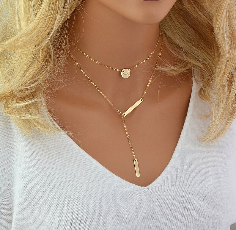 Layered Necklace Gold Delicate Y Necklace Initial Disc Etsy