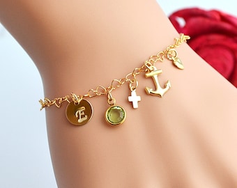 Faith Hope Love Bracelet, Gold Initial Bracelet, Birthstone Bracelet, Cross Bracelet, Anchor Bracelet, Heart Bracelet, Personalized