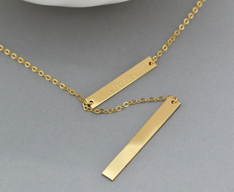 Gold Lariat Necklace, Name Necklace, Double Bar Necklace, Engraved Necklace Bar, Personalized Necklace Gold, Silver, Rose Gold image 2