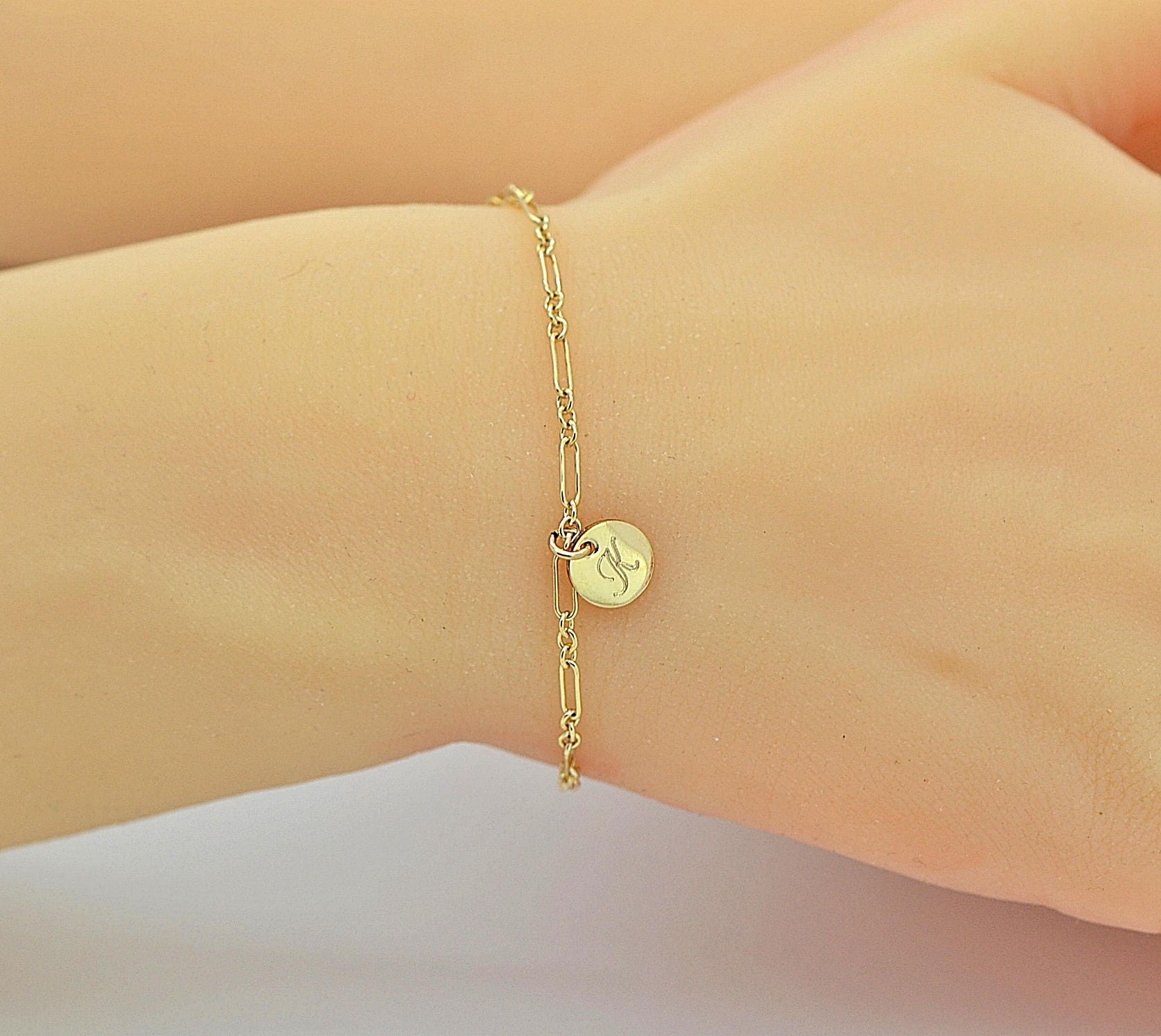 Dainty Chain Initial Bracelet Dainty Gold Disc Personalized Etsy
