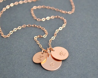 Three Initial Necklace, Rose Gold Filled Initial Disc Necklace, Personalized Necklace, Family Necklace, Everyday Jewelry