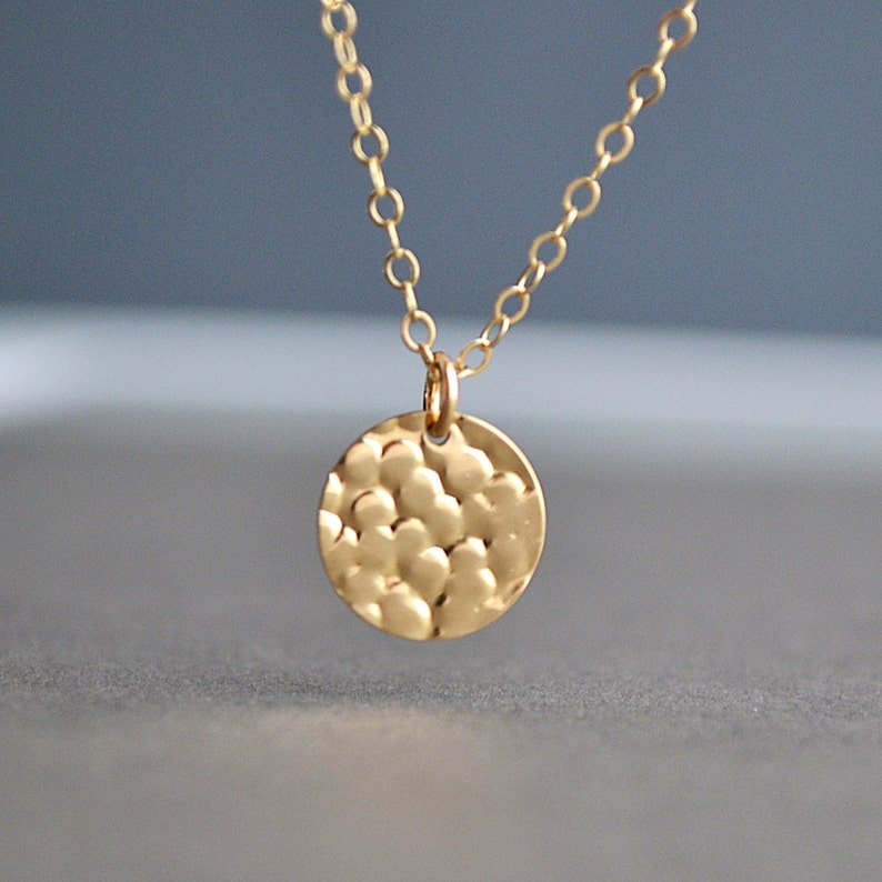 Hammered Disc Necklace, 14k Gold Filled Necklace, Gold Hammered Disc, Simple Everyday Jewelry, Dainty Necklace image 1