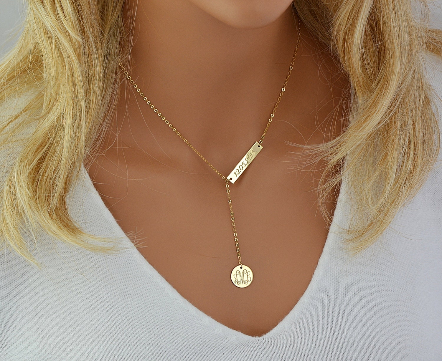 Engraved Monogram Necklace Lariat Necklace Gold Monogram Etsy