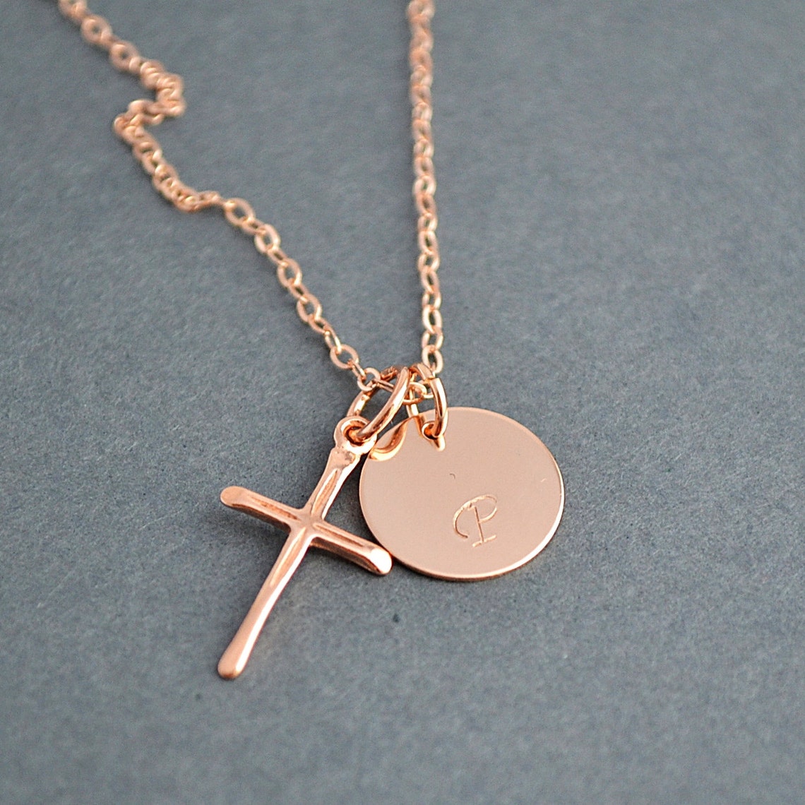 Initial Disc and Cross Necklace Rose Gold Filled Initial - Etsy Ireland