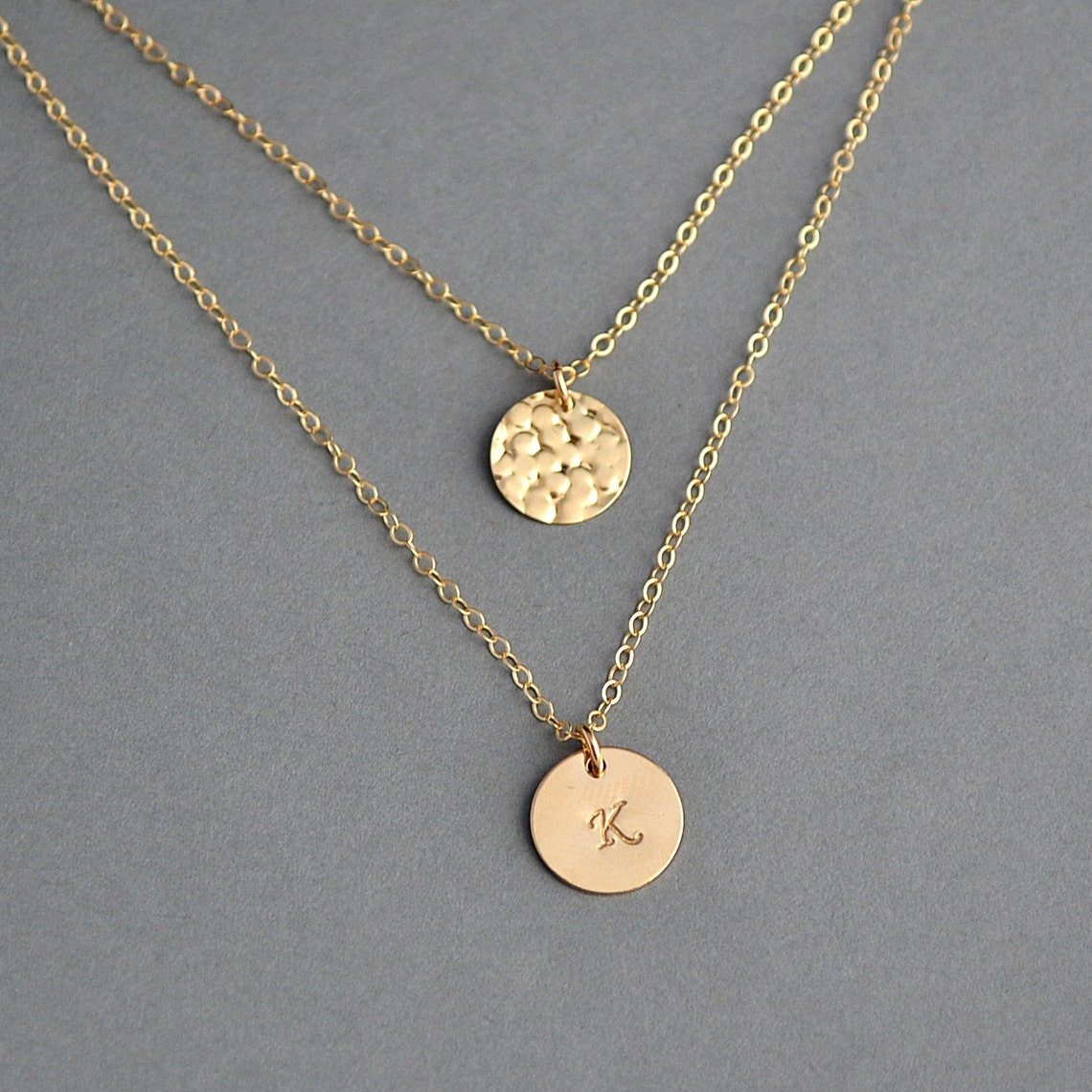 Double Strand Necklace Layered Necklace Gold Hammered Disc Etsy