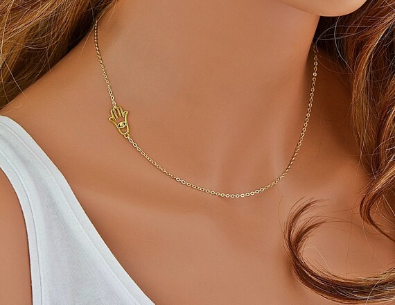 Gold Hamsa Necklace Hand of Fatima Evil 