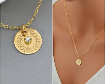 Name Necklace, Personalized Disc Necklace, Gold Name Disc with CZ, Gold CZ Necklace, Personalized CZ Necklace, Bridal Necklace, Wedding