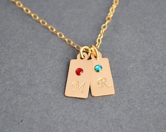 Gold Initial Charm Necklace, Tag Necklace, Custom Initial Bar Necklace, 2 Initial Tag with Birthstone