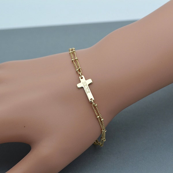Personalized Cross Bracelet, Sideways Cross Bracelet, Faith Bracelet, Silver, Rose Gold and Gold Bracelet, Engraved Gold Bracelet