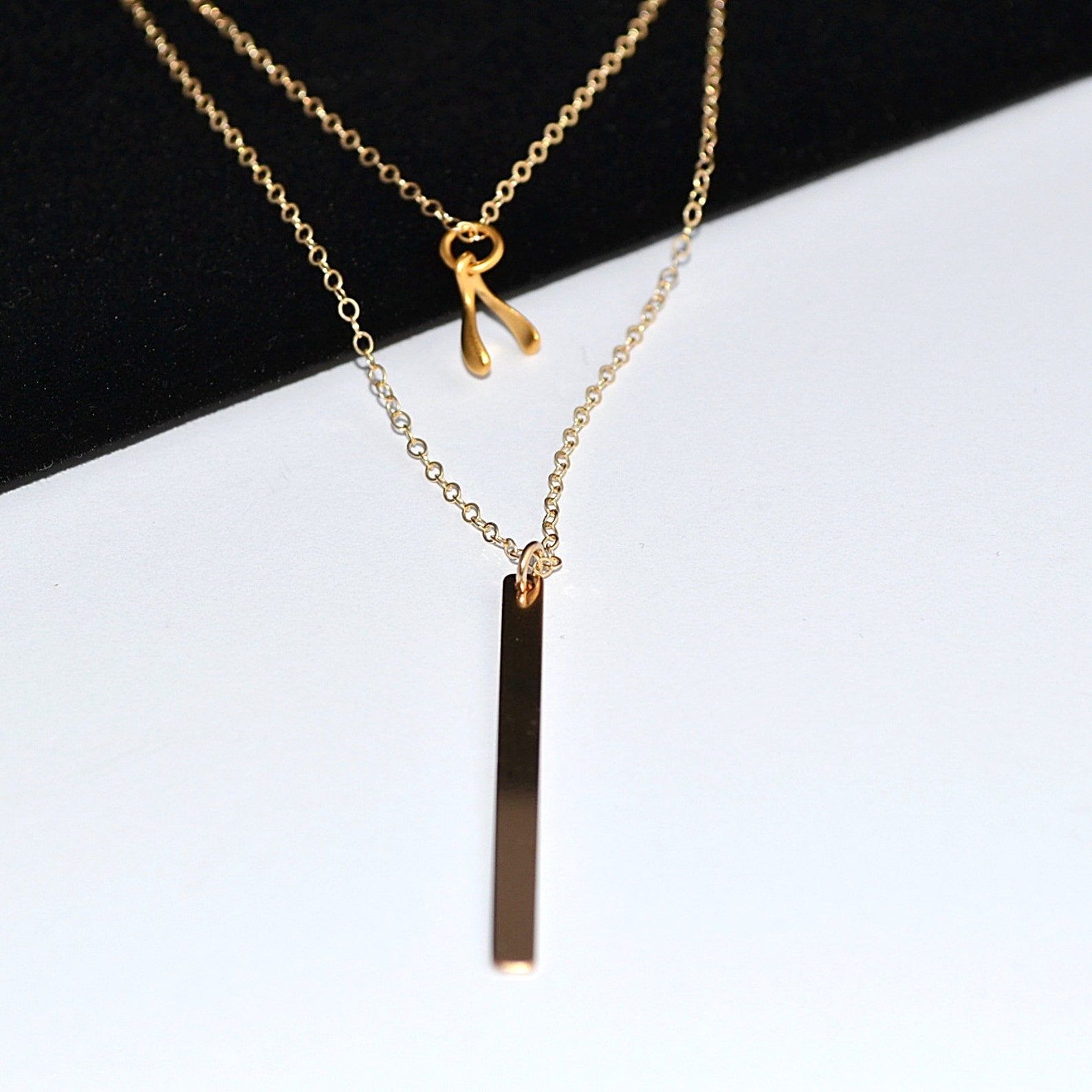 Layered Necklace Gold Bar Necklace Wishbone Necklace Etsy