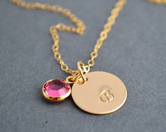 Gold Disc Necklace, Initial Disc Necklace with Birthstone, Personalized Gold Necklace, Birthstone Charm Necklace