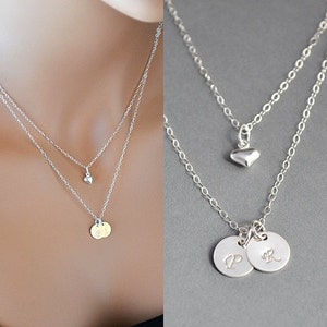 Double Layered Initial Necklace, Two Initial Disc Necklace, Sterling Silver Initial Disc Necklace, Personalized Necklace