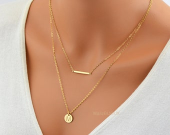 Layered Necklace Gold, Initial Disc, Skinny Bar Necklace, Horizontal Bar, Delicate Jewelry, Simply Gold Necklace, Layering Necklace Set