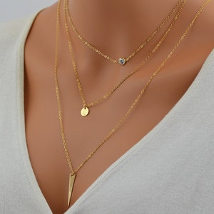 Layered Necklace Set, Gold Layering Necklace, CZ Necklace, Tiny Disc Necklace, Spike Necklace, Personalized Long Necklace, 14k Gold Fill