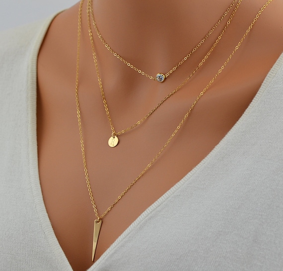 layered-necklace-set-gold-layering-necklace-cz-necklace-etsy