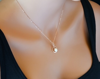 Infinity Pearl Necklace, Rose Gold, 14k Gold, Sterling Silver, Single Pearl necklace, Bridesmaid Gift, Wedding Jewelry